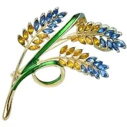 Брошь-булавка колоски пшеницы 5.9 x 3.6 см со стразами Желто-Голубая