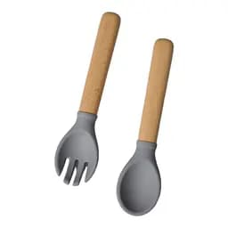 Приборы силиконовые детские OldBro ложка и вилка с деревянной ручкой, grey