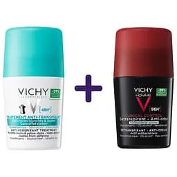 Набір Vichy: дезодорант-антиперспірант кульковий 48 годин проти білих слідів та жовтих плям 50 мл + антиперспірант для чоловіків Deo Clinical Control кульковий 96 годин захисту проти надмірного потовиділення та запаху 50 мл