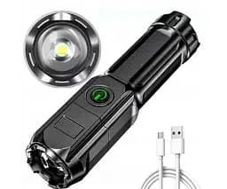 Світлодіодний ліхтарик з телескопічним зумом USB, акумуляторний, чорний - мініатюра 4