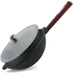Сковорода чавунна Brizoll з дерев`яною ручкою Бордо та алюмінієвою кришкою WOK 2,2 л