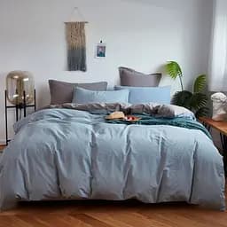 Комплект постільної білизни Love You варена бавовна євростандарт блакитний з сірим (62023)