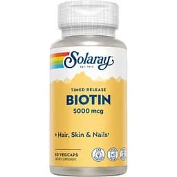 Біотин для підтримки здоров'я волосся, шкіри та нігтів Solaray Biotin Timed-Release 5000 мкг 60 вегетаріанських капсул (2023-10-3023)