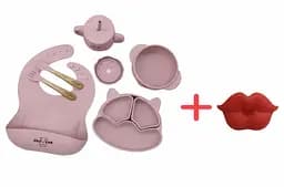 Набір силіконового дитячого посуду Cheeks для прикорму на присосках із харчового силікону ніжно-рожевий + Силіконова соска пустушка ортодонтична губки для новонароджених червона