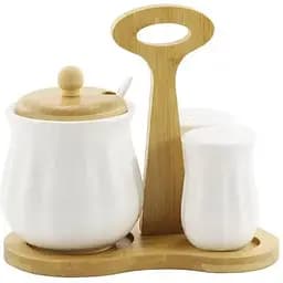 Набор для специй Interos соль+перец+сахарницана деревянной подставке фарфоровые C PJ03318