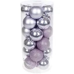 Набір святкових ялинкових куль діаметром 6 см ніжно-лілового кольору 24 шт глянцеві глітер і матові