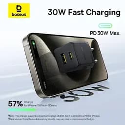 МЗП Baseus Palm Fast Charger Type-C+USB 30W с Cable Type-C to Type-C 60W 20V/3A 1m P1011160A113-01 Black - мініатюра 5