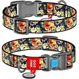 Нашийник для собак Waudog Nylon нейлоновий c QR паспортом, малюнок Гламурні черепи, пластиковий фастекс, L, Ш 25 мм, Дов 31-49 см