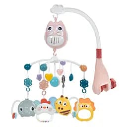 Карусель на кроватку RT668-13P с музыкой, погремушками и прорезывателями, на батарейках розовый