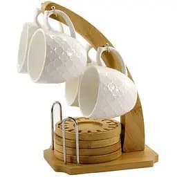 Набор чашек Interos фарфоровые 4 штуки на бамбуковой подставке 160 мл PJ02622 A