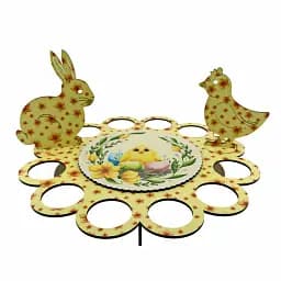 Великодня підставка для писанок жовта із зайчиком та курочкою на 12 яєць