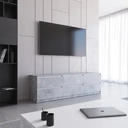 Тумба під телевізор Vays R-12 Бетон-Білі планки, 6 шухляд без ручок, ЛДСП, 180×40×53 см