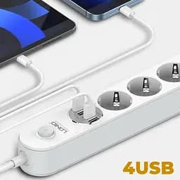 Мережевий фільтр подовжувач 4 євро розетки 4 USB 2м із захистом та заземленням LDNIO SE4432 2500W 10A USB 3.4A - мініатюра 5