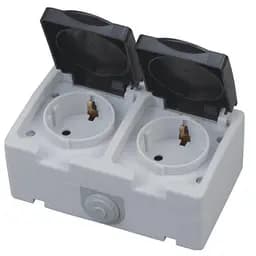 Розетка Horoz Electric Atom, 2-на, накладна із заземленням, з кришкою, чорно-сіра