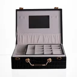 Скринька для прикрас з еко шкіри 19 відділень із дзеркалом 23.5×14×8 см органайзер для прикрас Чорний Yiwu HP-5-20B