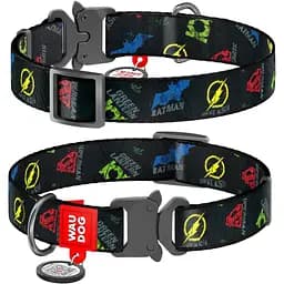 Нашийник для собак Waudog Nylon нейлоновий c QR паспортом, малюнок Ліга справедливості, металева пряжка-фастекс, S, Ш 15 мм, Дов 23-35 см