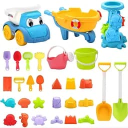 Великий яскравий пісочний набір W 218-47 з тачкою, самоскидом, відерцем, млином і 15 формочками