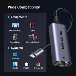 Перехідник USB 3.0 Type-C --> Ethernet RJ45 2.5Gb CM648 Ugreen чорний - мініатюра 3