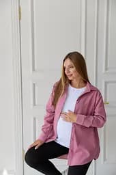 Жіноча сорочка для вагітних стилю oversize з мікровельвету Varna розмір 2XL-3XL Lullababe пудрова - мініатюра 6