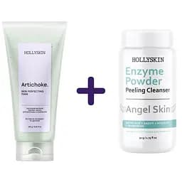 Набір: ліфтинг маска для боротьби з набряками Hollyskin Artichoke Skin Perfecting охолоджуюча 250 г + ензимна пілінг-пудра для обличчя Hollyskin Angel Skin 50 г