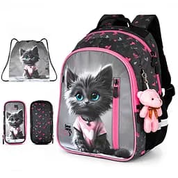 Ортопедичний рюкзак 3 в 1 з пеналом та мішком для дівчинки School Standard 375 гр 17 літрів Сірий з рожевим