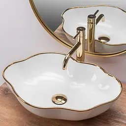 Умивальник Rea Pearl gold edge накладний білий REA-U0696, Білий - мініатюра 3