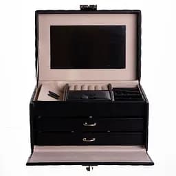 Скринька для прикрас з екошкіри 3 яруси з дзеркалом 22.5×15.5×13 см органайзер для прикрас Чорний Yiwu HP-5-17B