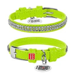 Нашийник для собак шкіряний Waudog Glamour з QR-паспортом з прикрасою "Полотно стрази" XXS Ш 9 мм Д 19-25 см салатовий