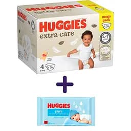 Набір підгузків Huggies Extra Care Box 4 (8-16 кг), 76 шт. + вологі серветки Huggies Pure без пластику 48 шт.