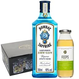 Набор: джин Bombay Sapphire 47% 0,7 л + напиток Feeps Gin Garden Mix 300 г + набор стаканов LeGlass 330 мл 6 шт. 