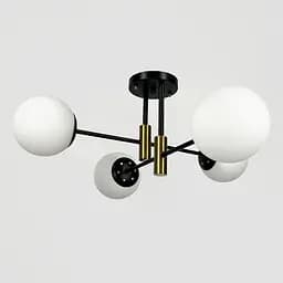 Стельова чорна люстра з латунною фурнітурою на 4 білих плафонів Ø 55 см | Line F | Арт. 81188/4 CP+BK+WT