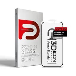 Захисне 3D скло для Apple iPhone 16 Pro Max, Icon 3D, загартоване, 9H, загартоване скло, повне проклеювання, протиударне, глянсове з олеофобним покриттям, на весь екран, сумісне з чохлами, проста установка, ArmorStandart (ARM78030)