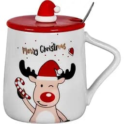 Новогодняя чашка с крышкой и ложкой С Рождеством Олень керамика 360 мл Белая с красным