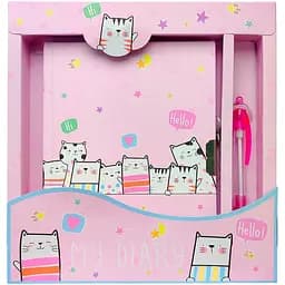 Блокнот дитячий Malevaro на замочку Котики в подарунковій упаковці з ручкою 178 x 130 mm 56 аркушів у лінійку (362403-BP)