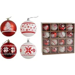 Набор новогодних украшений 16 игрушек на елку с рисунком снежинок и елки, красного и белого (161085)