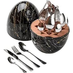 Набор столовых приборов TS Kitchen Черный мрамор на 6 персон из нержавеющей стали серебристые 24 штуки в яйце