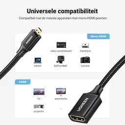 Кабель Ugreen Micro HDMI to HDMI 2.0, 25 см, 4K 60Hz, чорний, з нейлоновою оплеткою, (15842) - мініатюра 7