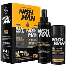 Камуфляж для залысин Nishman Hair Building Keratin Fiber пудра 20г + фиксатор 100мл темно-коричневый