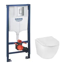 Комплект 4 в 1: Инсталляция Grohe Rapid SL 3 в 1 38772001 + Унитаз безободочный Kroner Harz WHI493736 RIMLESS с сиденьем Slim Duroplast / Soft-close / Quick relase KH493736WHIR