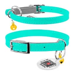 Нашийник для котів шкіряний Waudog Glamour з QR-паспортом без прикрас XXS Ш 9 мм Д 22-30 см ментоловий