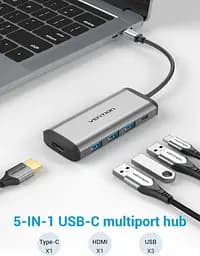 Хаб USB 5-in-1 Grey Type-C 3.2 - 1xType-C (100 Вт) / 3xUSB 3.0 / HDMI 4K Vention teh0019594 - мініатюра 2