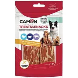 Ласощі для собак Camon джеркі з куркою, тріскою і яловичою шкірою 100 г