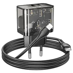 Зарядний пристрій Hoco N34 USB/ Type-C QC PD 20W прозоро-чорний + кабель Type-C to Lightning - мініатюра 7