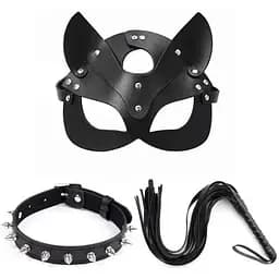 BDSM маска кішки + чокер з шипами + батіг