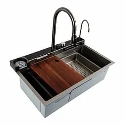 Кухонна мийка 75x45D PVD сіра Platinum Handmade Водоспад, Нержавіюча сталь