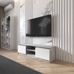 Тумба під телевізор Vays R-14 Бетон-Білий фасад, з відкритою нішею, ЛДСП, 140×40×40 см - для вітальні та спальні, під ТВ