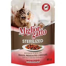 Влажный корм для стерилизованных кошек Migliorgatto Sterilized говядина и ветчина кусочки в соусе 85 г