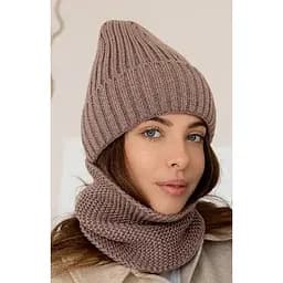 Женская вязаная шапка и снуд набор 3 шерсть 20% с отворотом светло Коричневый