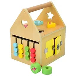 Бизикуб MD 0882 в форме домика с сортером, лабиринтом, фигурами, болтом, гайкой и подвижными деталями