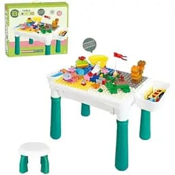 Дитячий ігровий багатофункціональний столик MHZ 6787-119 з конструктором та стільчиком 2 кошики 124 деталі Білий з бірюзовим